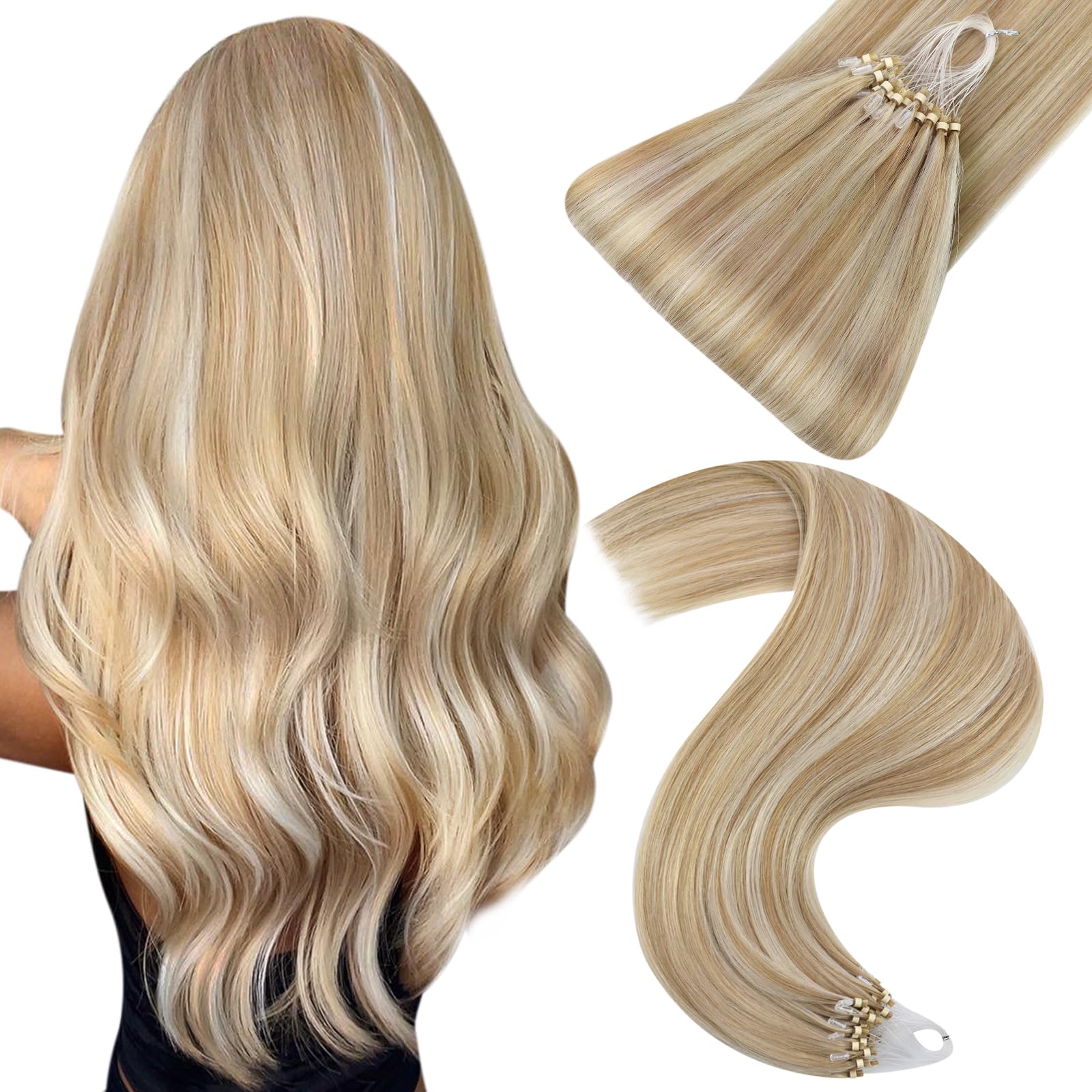 Easyouth Micro Hair Extensions Human Hair Blonde Micro Link Hair Extensions Human Hair Micro Beads Hair Extensions Honey Blonde mixed Bleach Blonde Highlighted 50g/50s 22 inch #27/613